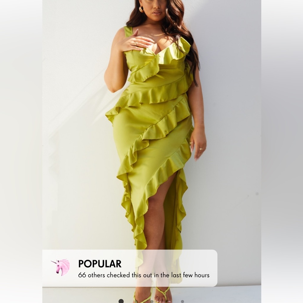 Olive satin frill layered Midaxi Dress